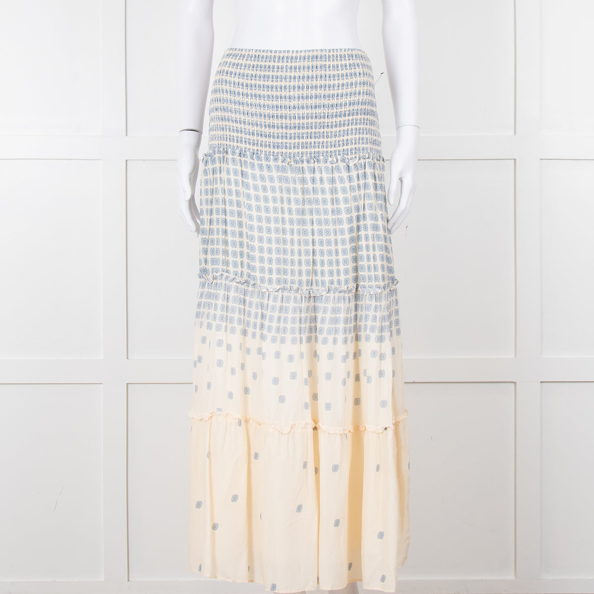 By Malina Cream Shirred Waist Skirt With Blue Flower Pattern