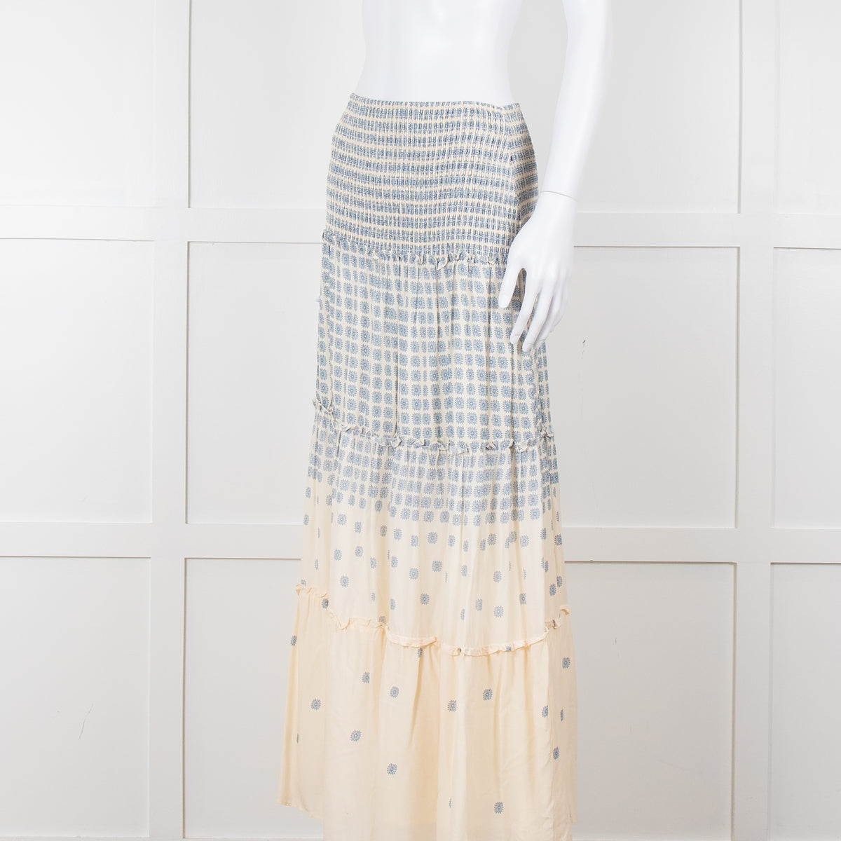 By Malina Cream Shirred Waist Skirt With Blue Flower Pattern