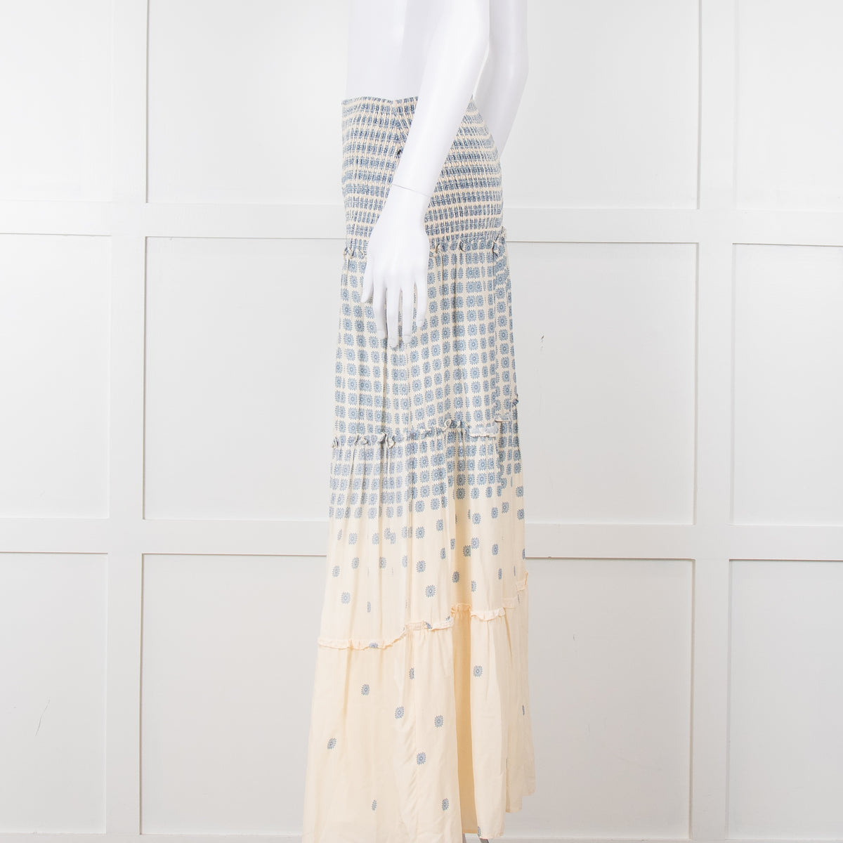 By Malina Cream Shirred Waist Skirt With Blue Flower Pattern