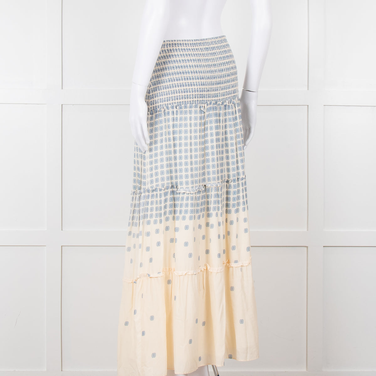By Malina Cream Shirred Waist Skirt With Blue Flower Pattern