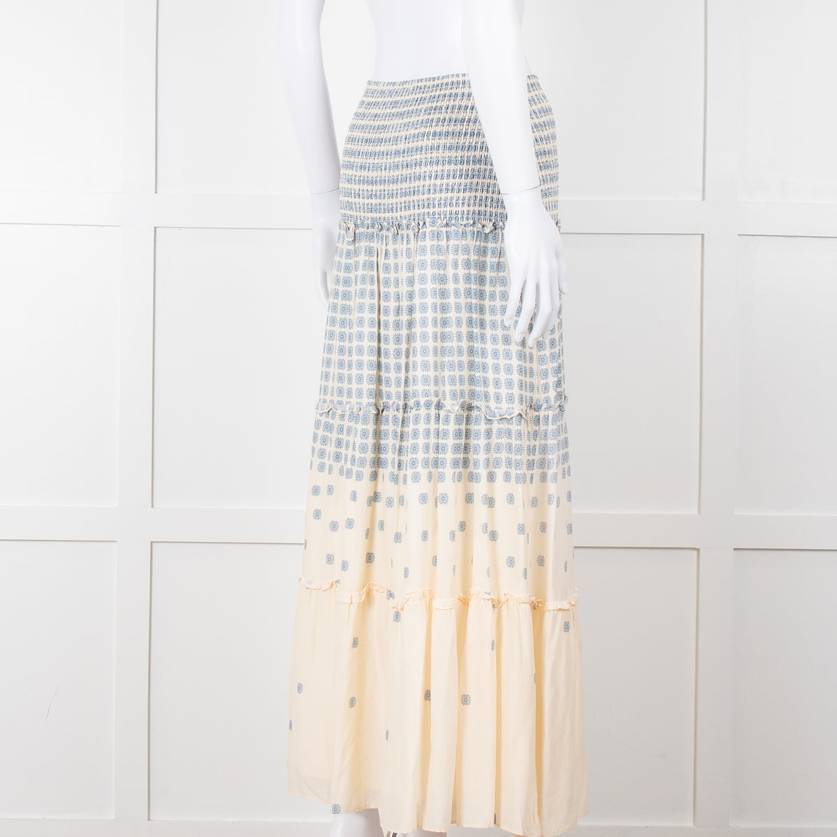 By Malina Cream Shirred Waist Skirt With Blue Flower Pattern