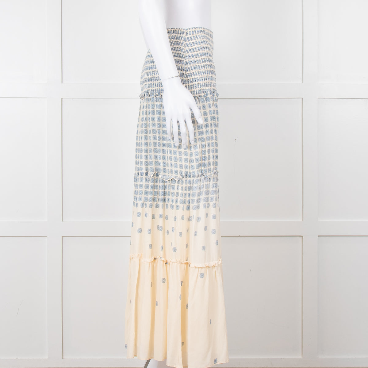 By Malina Cream Shirred Waist Skirt With Blue Flower Pattern