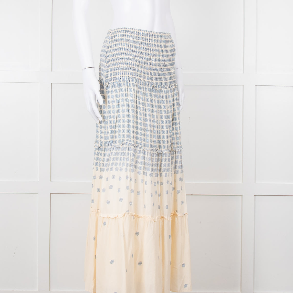 By Malina Cream Shirred Waist Skirt With Blue Flower Pattern
