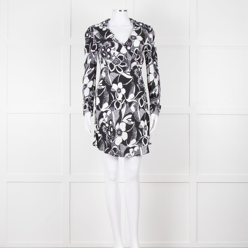 Rixo Black and White Patterened V Neck Dress
