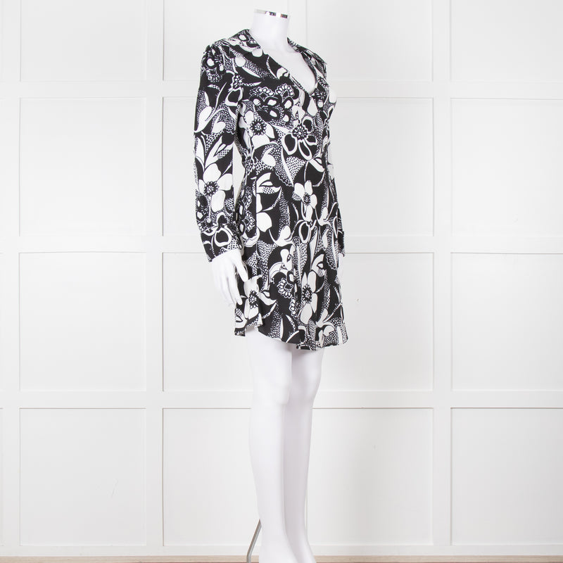 Rixo Black and White Patterened V Neck Dress