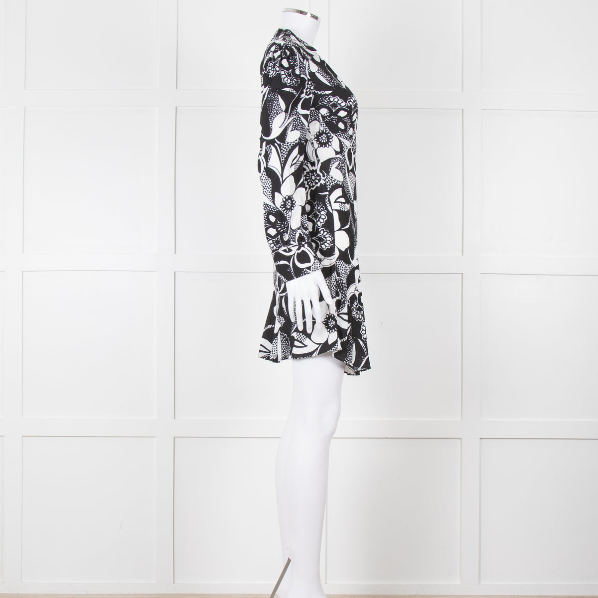 Rixo Black and White Patterened V Neck Dress