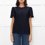 Me + Em Navy Glitter Frill trim Short Sleeve Top