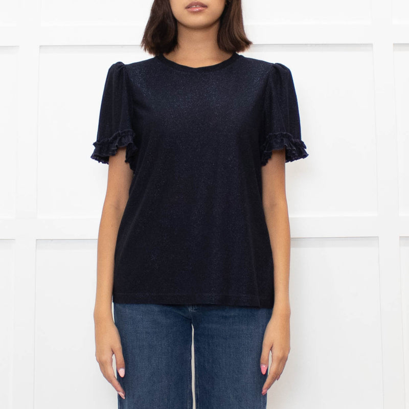 Me + Em Navy Glitter Frill trim Short Sleeve Top