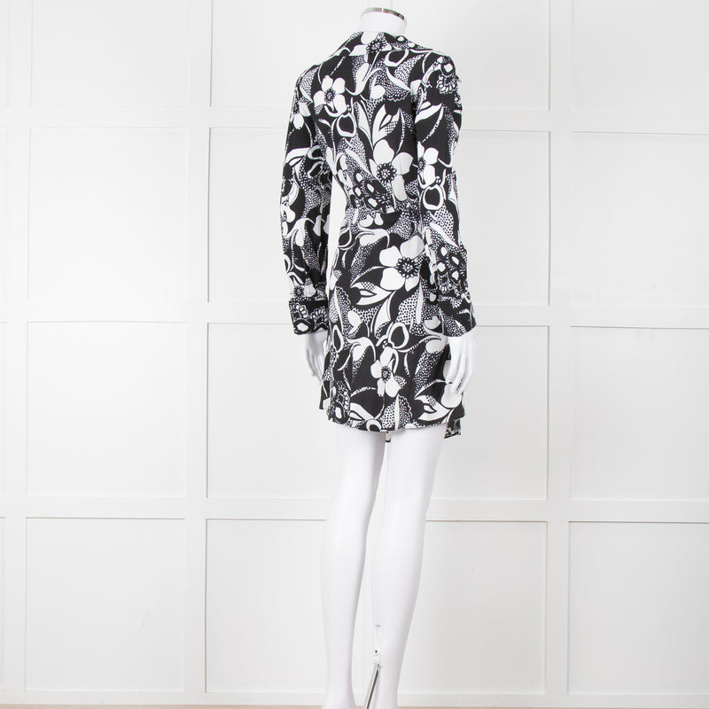 Rixo Black and White Patterened V Neck Dress