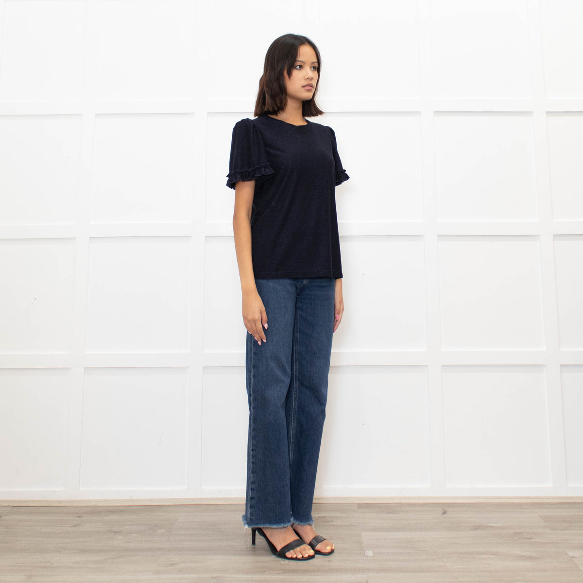 Me + Em Navy Glitter Frill trim Short Sleeve Top