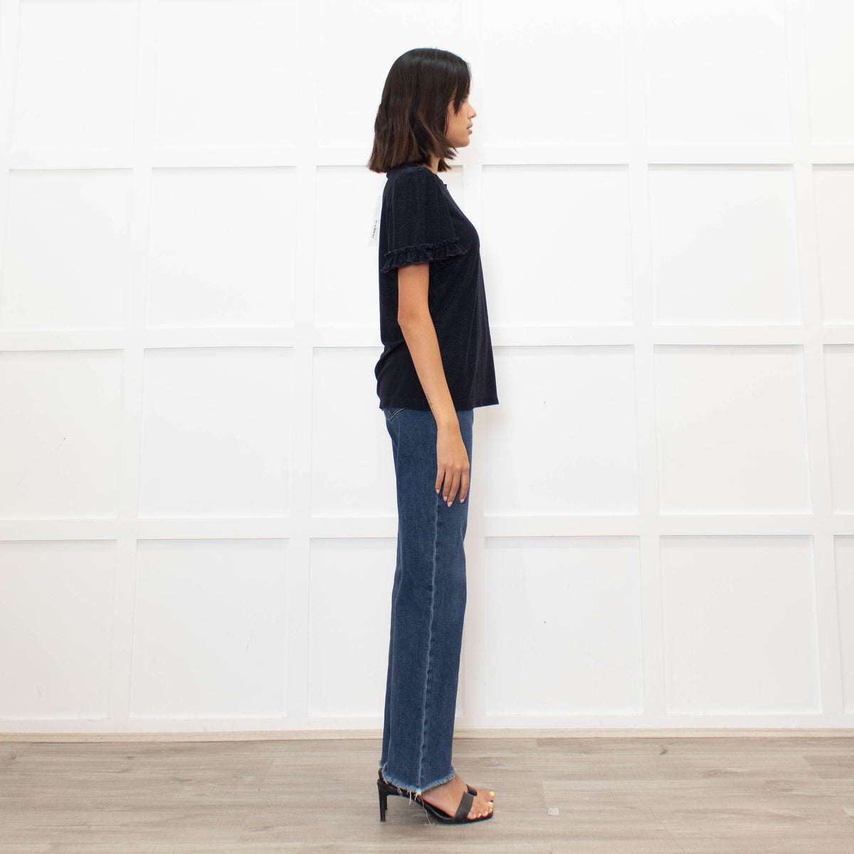 Me + Em Navy Glitter Frill trim Short Sleeve Top