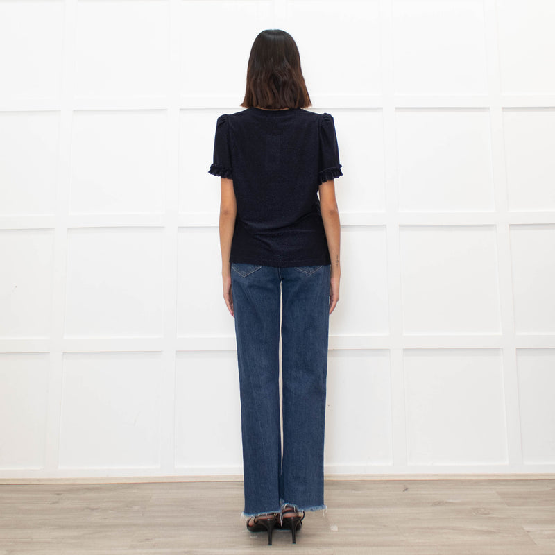 Me + Em Navy Glitter Frill trim Short Sleeve Top