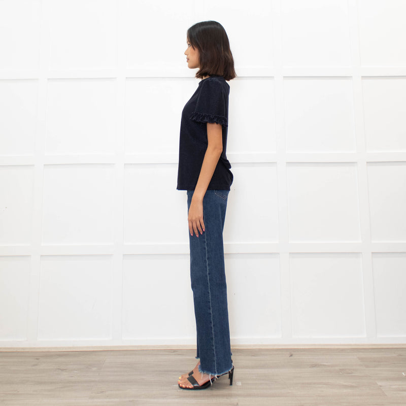 Me + Em Navy Glitter Frill trim Short Sleeve Top