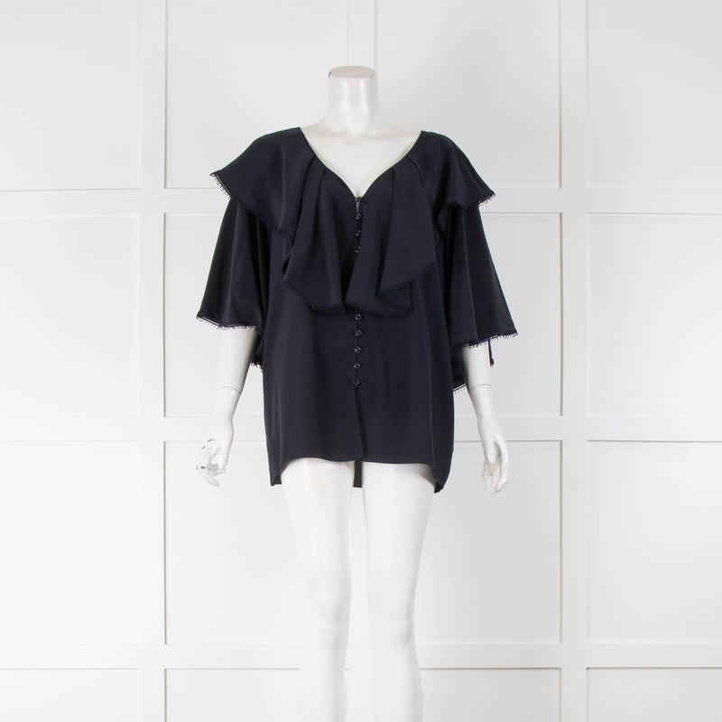 Chloe Navy Silk Blouse With Shawl Collar