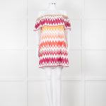 Valerie Khalfon White Cotton Off the Shoulder Dress with Pink & Orange Chevrons