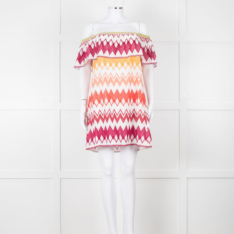 Valerie Khalfon White Cotton Off the Shoulder Dress with Pink & Orange Chevrons