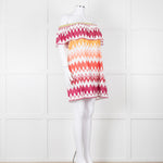 Valerie Khalfon White Cotton Off the Shoulder Dress with Pink & Orange Chevrons