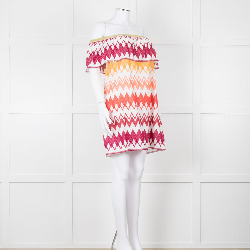 Valerie Khalfon White Cotton Off the Shoulder Dress with Pink & Orange Chevrons