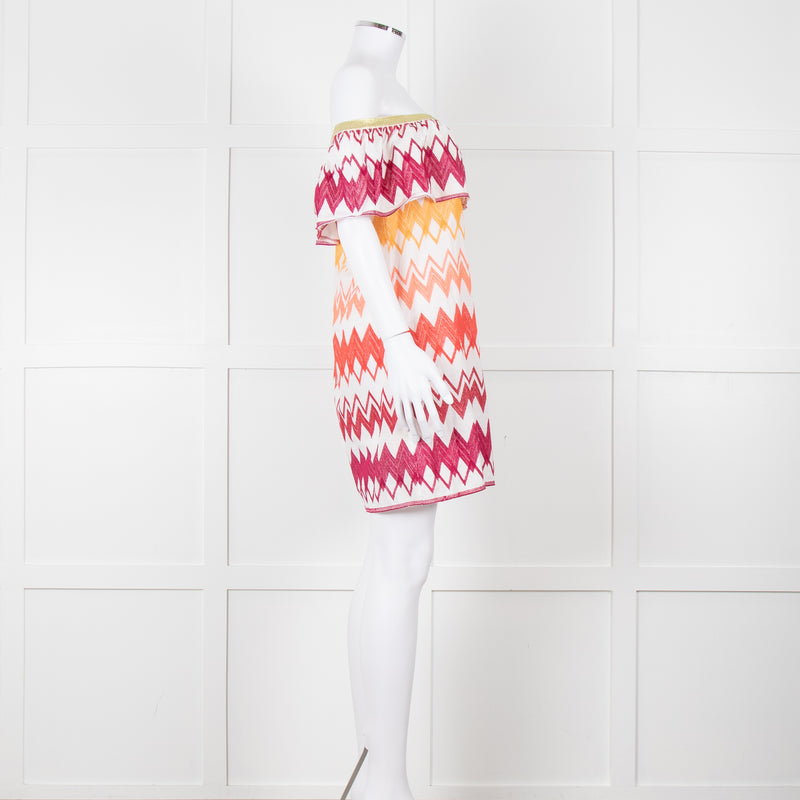 Valerie Khalfon White Cotton Off the Shoulder Dress with Pink & Orange Chevrons