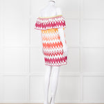 Valerie Khalfon White Cotton Off the Shoulder Dress with Pink & Orange Chevrons