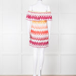Valerie Khalfon White Cotton Off the Shoulder Dress with Pink & Orange Chevrons