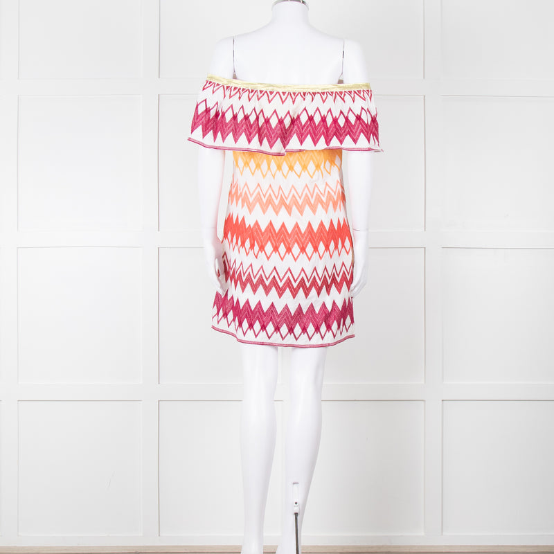 Valerie Khalfon White Cotton Off the Shoulder Dress with Pink & Orange Chevrons