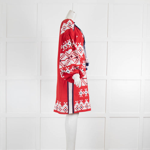 Embromania Red Embroidered Linen Dress with Tassels