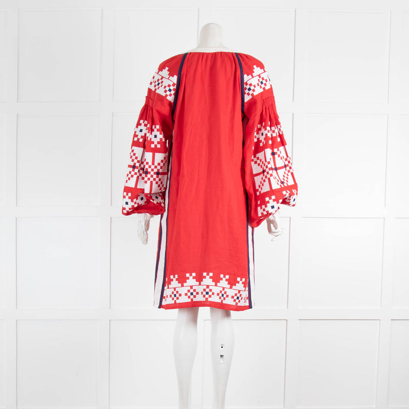 Embromania Red Embroidered Linen Dress with Tassels