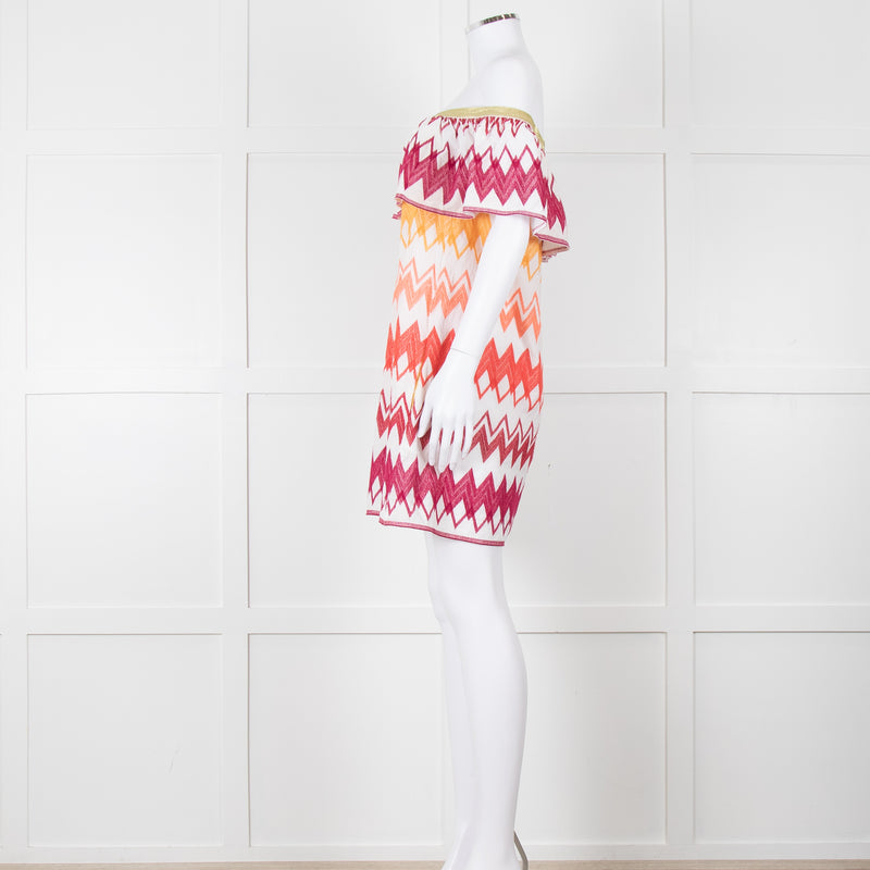Valerie Khalfon White Cotton Off the Shoulder Dress with Pink & Orange Chevrons