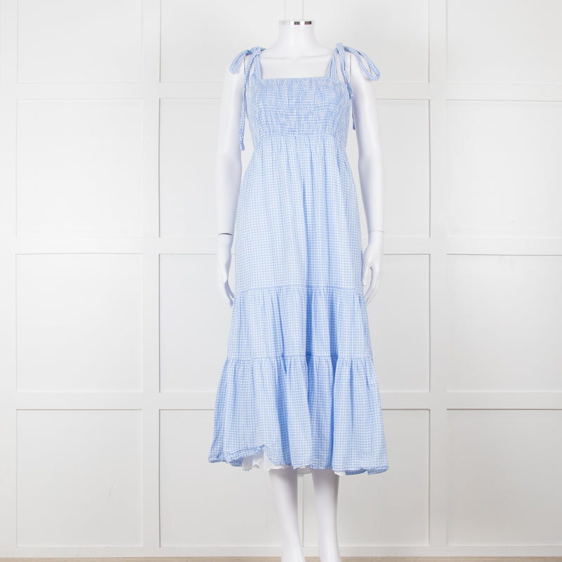 By Malina Blue Gingham Smocked Tiered Maxi Dress with Tie Shoulders