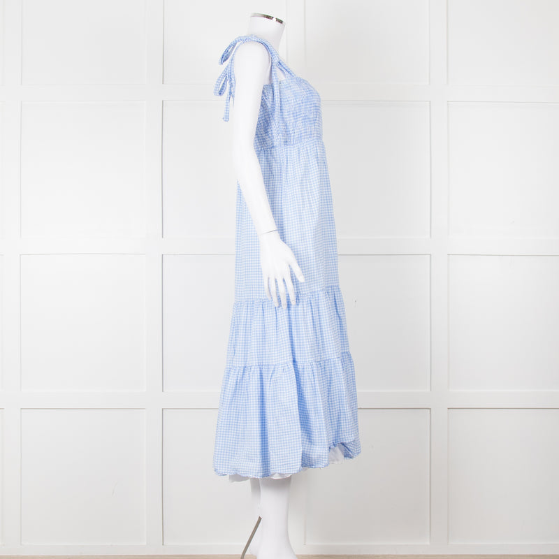 By Malina Blue Gingham Smocked Tiered Maxi Dress with Tie Shoulders