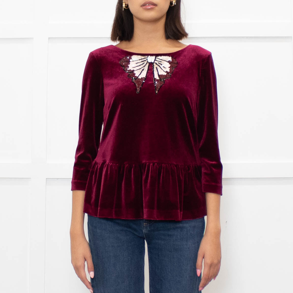 Blugirl Blumarine Burgundy Red Velvet Sequin Bow Top