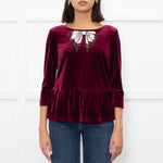 Blugirl Blumarine Burgundy Red Velvet Sequin Bow Top
