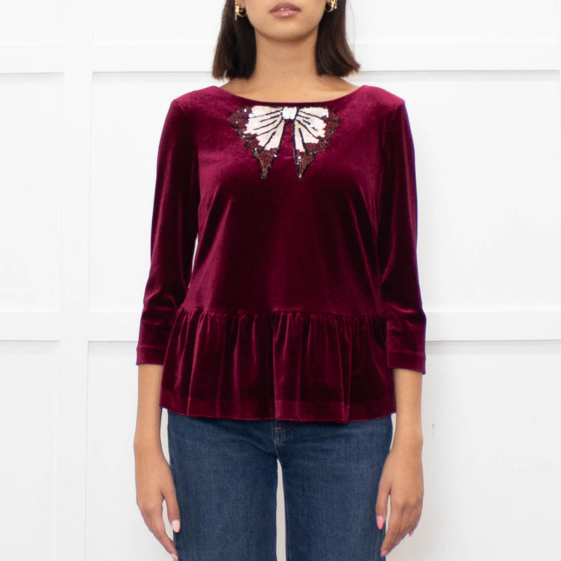 Blugirl Blumarine Burgundy Red Velvet Sequin Bow Top