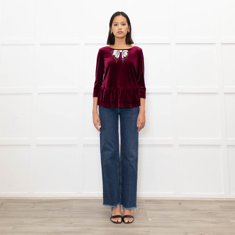 Blugirl Blumarine Burgundy Red Velvet Sequin Bow Top