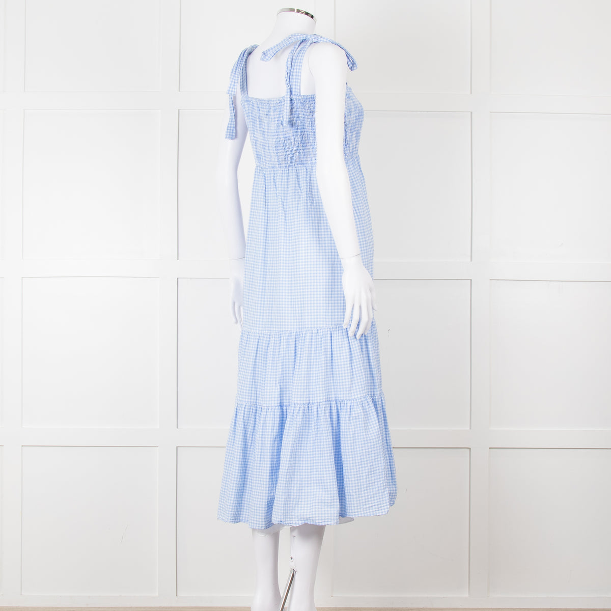 By Malina Blue Gingham Smocked Tiered Maxi Dress with Tie Shoulders