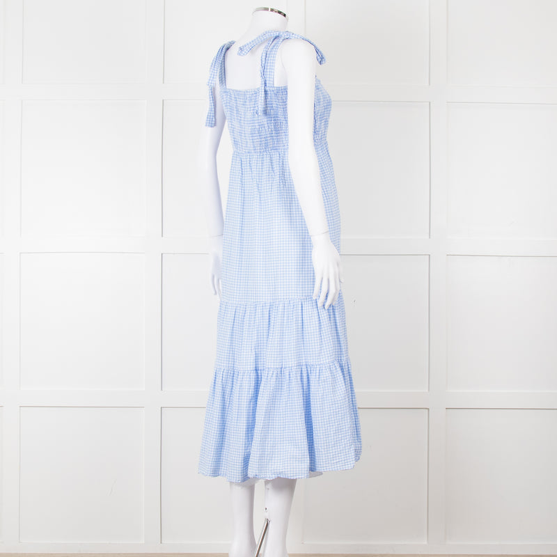 By Malina Blue Gingham Smocked Tiered Maxi Dress with Tie Shoulders