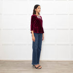 Blugirl Blumarine Burgundy Red Velvet Sequin Bow Top