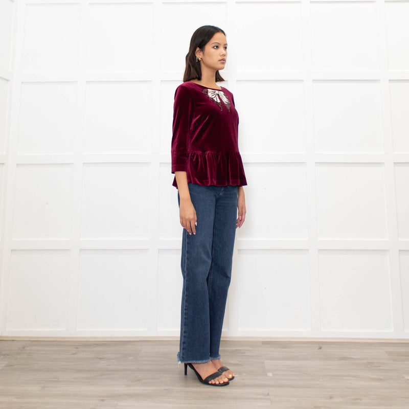 Blugirl Blumarine Burgundy Red Velvet Sequin Bow Top