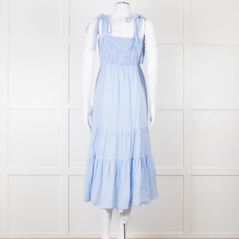 By Malina Blue Gingham Smocked Tiered Maxi Dress with Tie Shoulders
