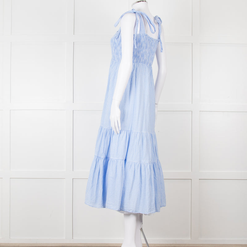 By Malina Blue Gingham Smocked Tiered Maxi Dress with Tie Shoulders