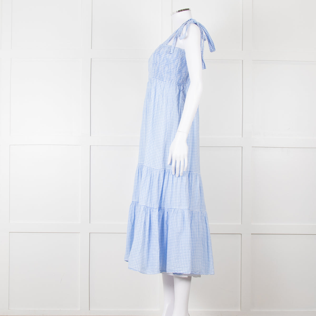 By Malina Blue Gingham Smocked Tiered Maxi Dress with Tie Shoulders