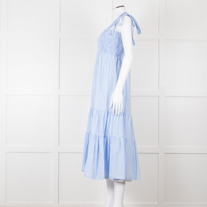 By Malina Blue Gingham Smocked Tiered Maxi Dress with Tie Shoulders