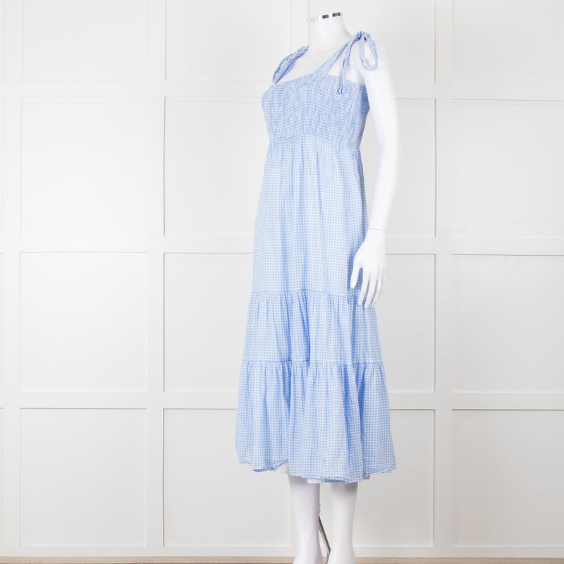By Malina Blue Gingham Smocked Tiered Maxi Dress with Tie Shoulders