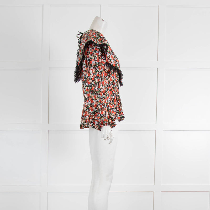 Resume Multi Colour Poppy Print Top with Lace Shawl Collar