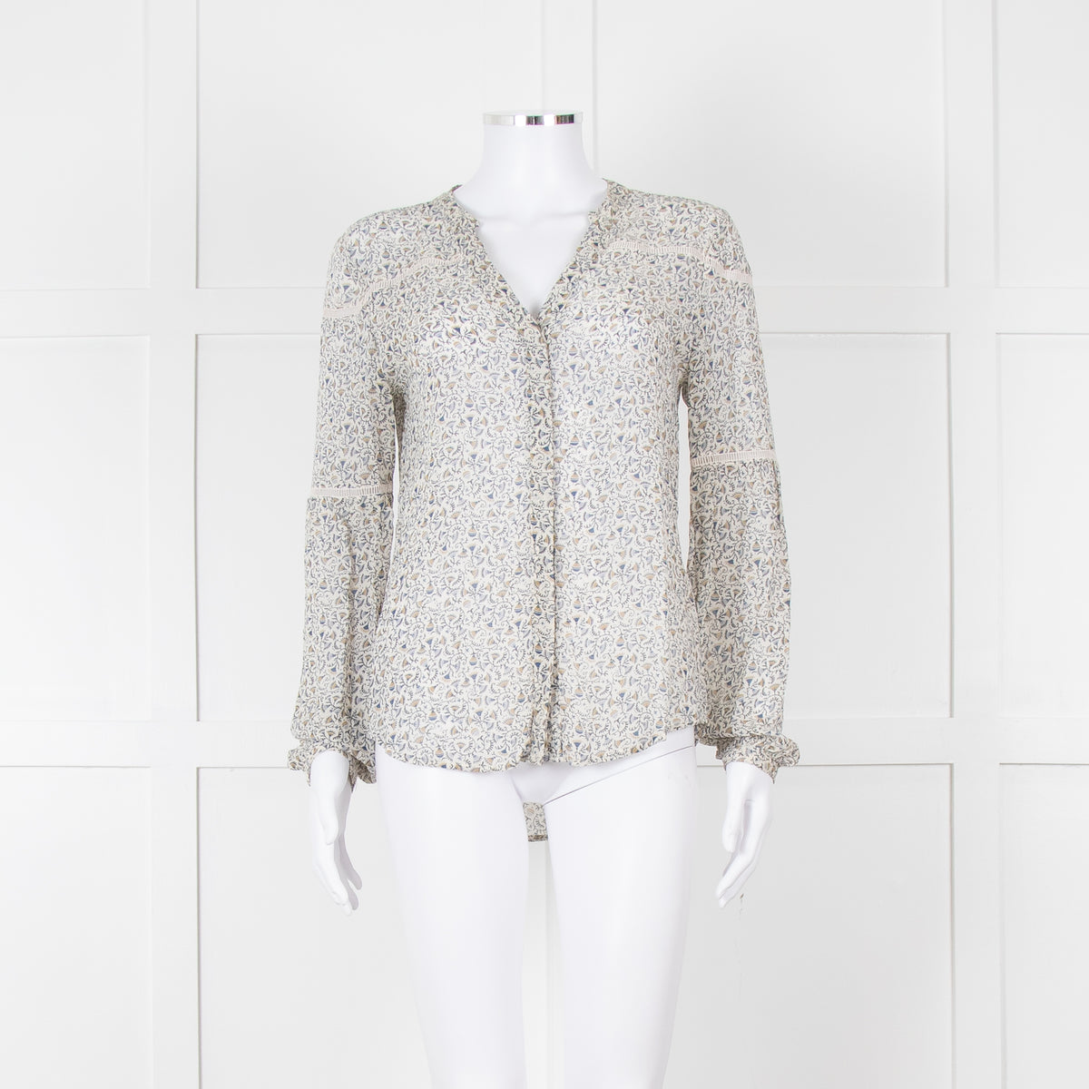 Paige Blue, Green, White Patterned Silk Blouse