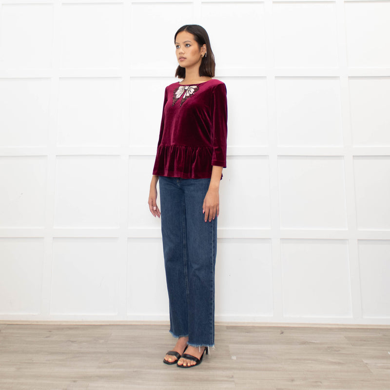 Blugirl Blumarine Burgundy Red Velvet Sequin Bow Top