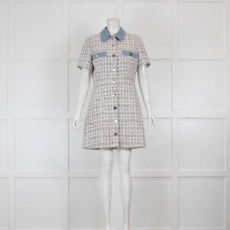 Claudie Pierlot Cream Tweed Dress with Denim Collar