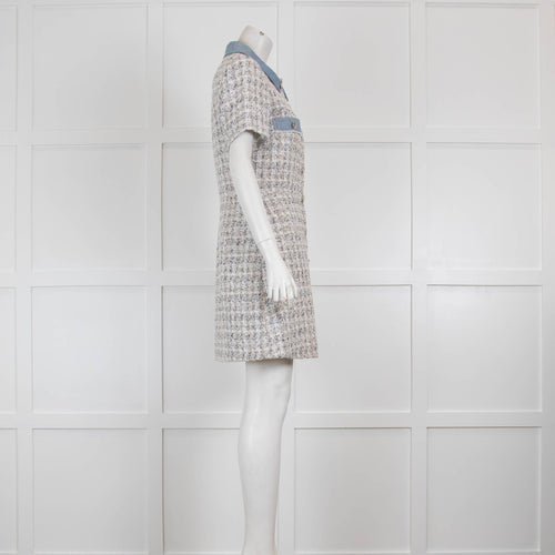 Claudie Pierlot Cream Tweed Dress with Denim Collar