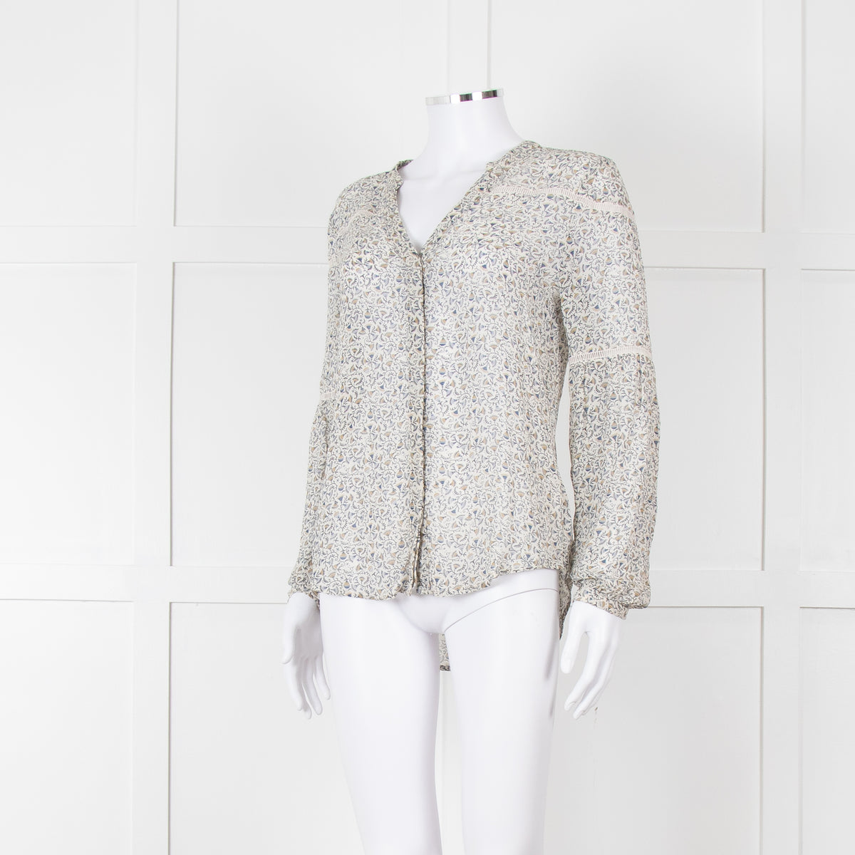 Paige Blue, Green, White Patterned Silk Blouse